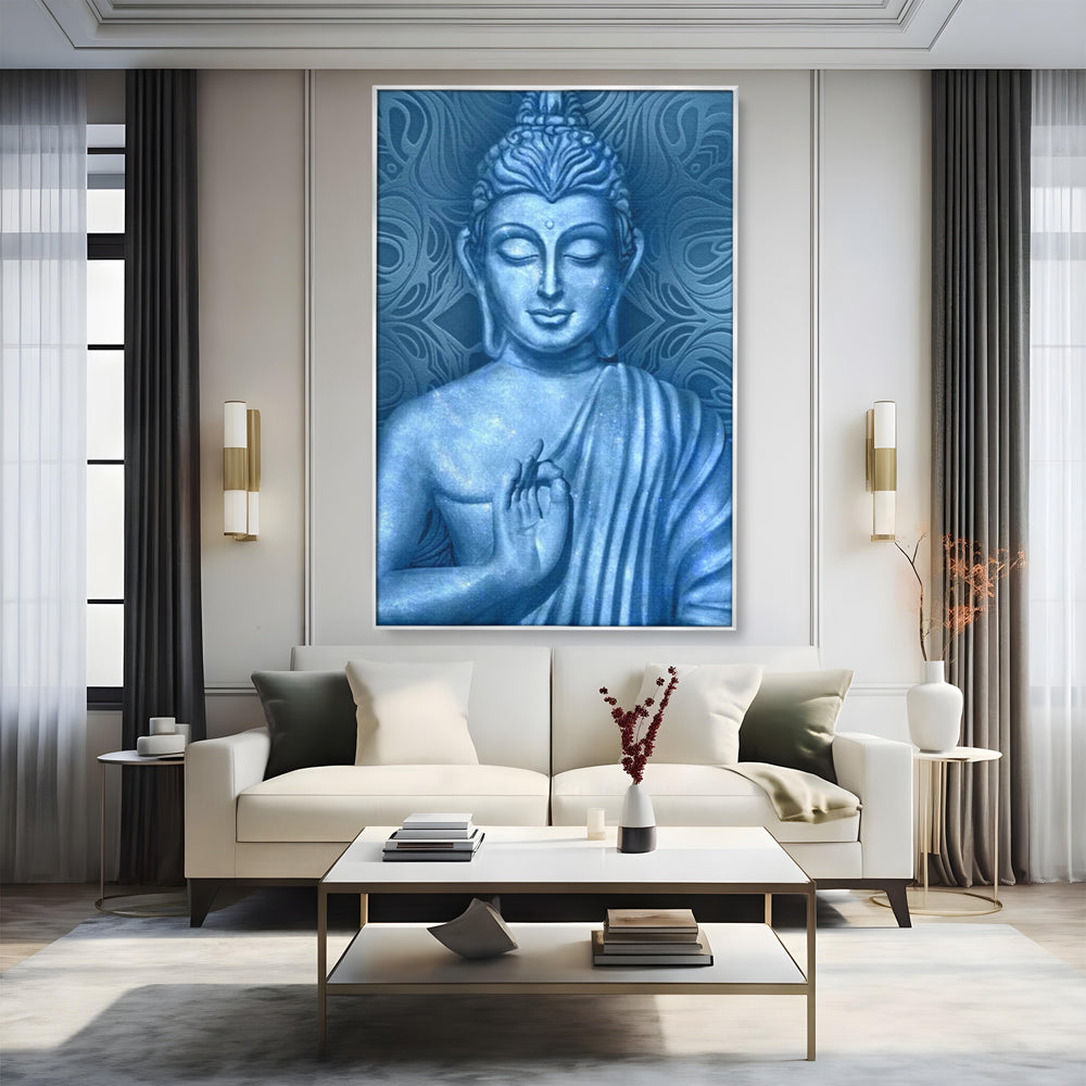 Tablou canvas cu tablou canvas cu buddha albastru, in rama de aluminiu argintiu, pe perete intr-un living